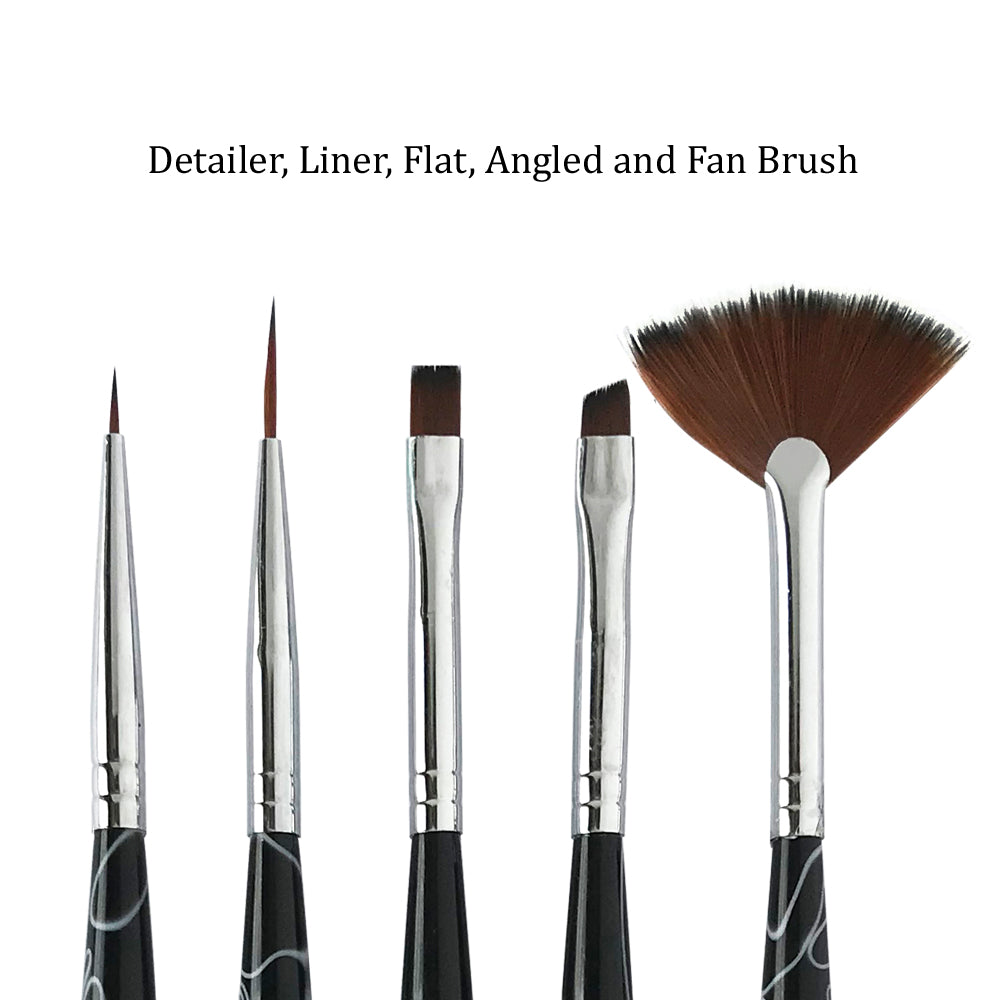 5 Pcs Nail Art Brushes - Detailer, Liner, Flat, Angled and Fan Brush Set | ROSE NOIRE