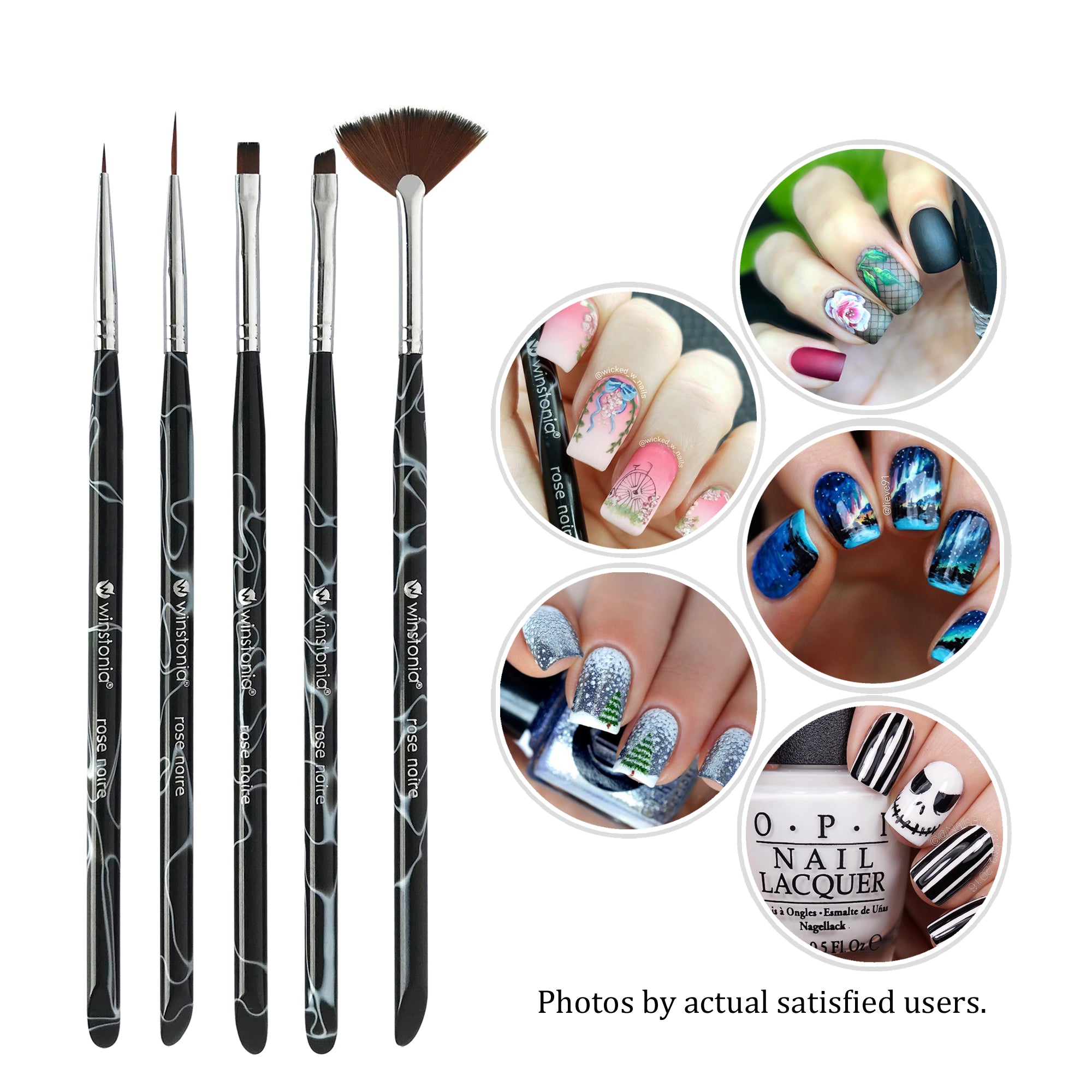 5 Pcs Nail Art Brushes - Detailer, Liner, Flat, Angled and Fan Brush Set | ROSE NOIRE