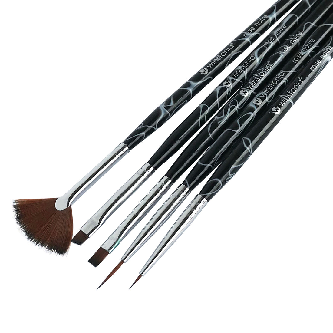 5 Pcs Nail Art Brushes - Detailer, Liner, Flat, Angled and Fan Brush Set | ROSE NOIRE