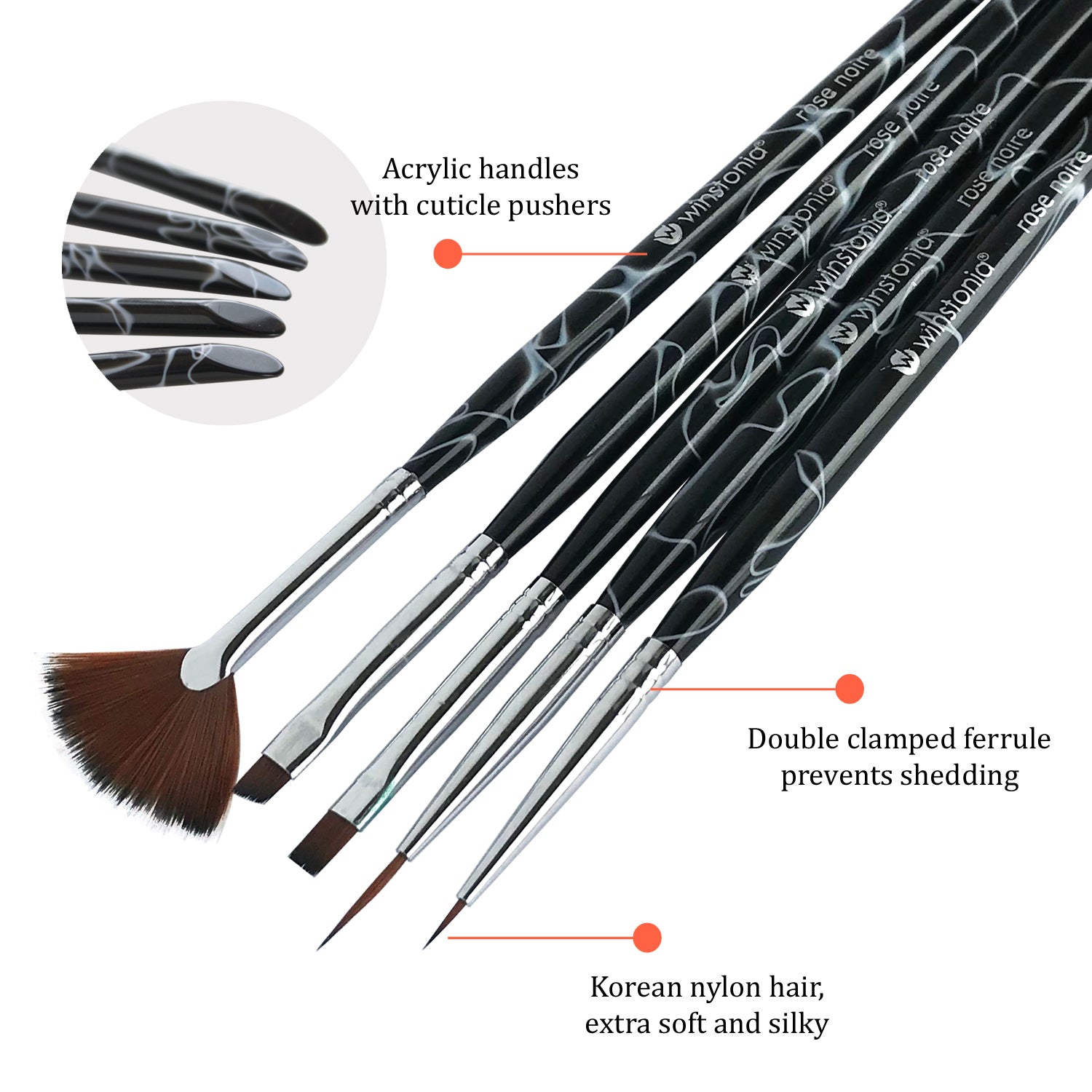 5 Pcs Nail Art Brushes - Detailer, Liner, Flat, Angled and Fan Brush Set | ROSE NOIRE