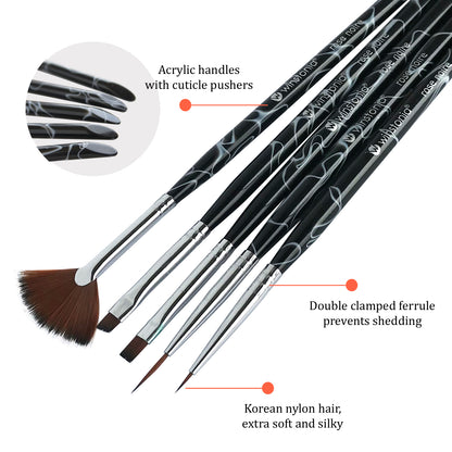 5 Pcs Nail Art Brushes - Detailer, Liner, Flat, Angled and Fan Brush Set | ROSE NOIRE